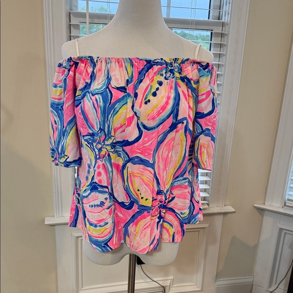 Lilly Pulitzer Off-Shoulder Floral Print Top - Pink Blue Yellow